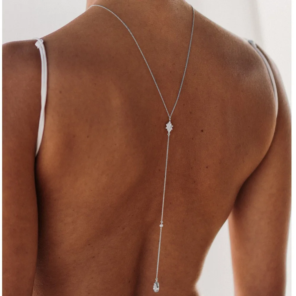 Silver Teardrop Crystal Back Body Chain Bridal Rhinestone Snowflake Pendant Backdrop Necklace Wedding Evening Dress Back Jewelry