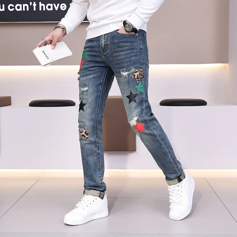 

New Autumn Winter Men's Slim Fit Straight Leg Jeans Embroidered Hole Design Elastic Long Pants Korean Sle Collar