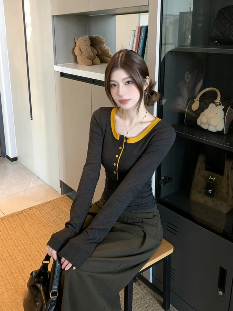 NUOMICI K-Fashion رمادي الملابس النسائية زر أسفل تريكو طويلة الأكمام تي شيرت الخريف الشتاء لطيف قاعدة طبقة سليم صالح الإناث #3