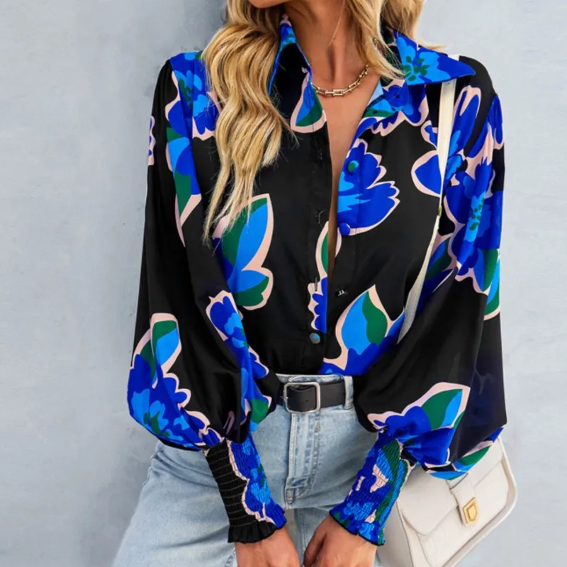 Women Casual Shirt Commuting Elegant Floral Print Blouses Lantern Sleeve Turn-down Collar Single Breasted Lady Top Spring Autumn