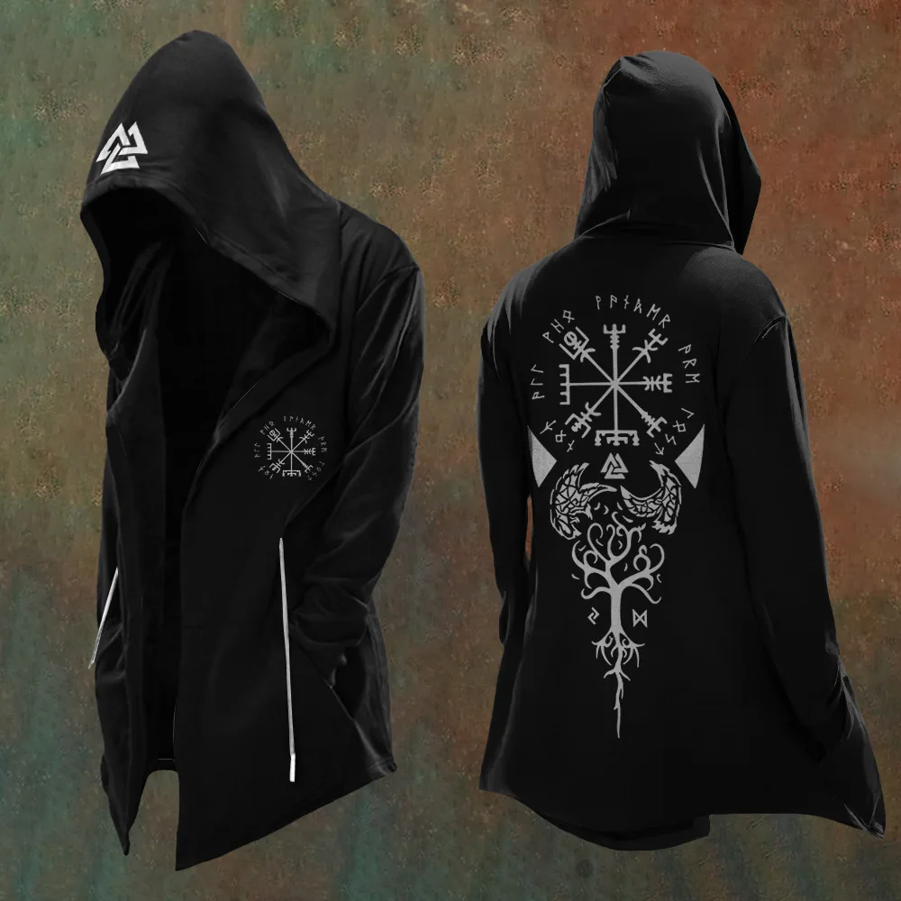 Men's Norse Mythology Odin Raven Rune Hooded Cloak Jacket，Viking Valknut Symbol Print Mid Length Open Front Coat，Gothic Casual