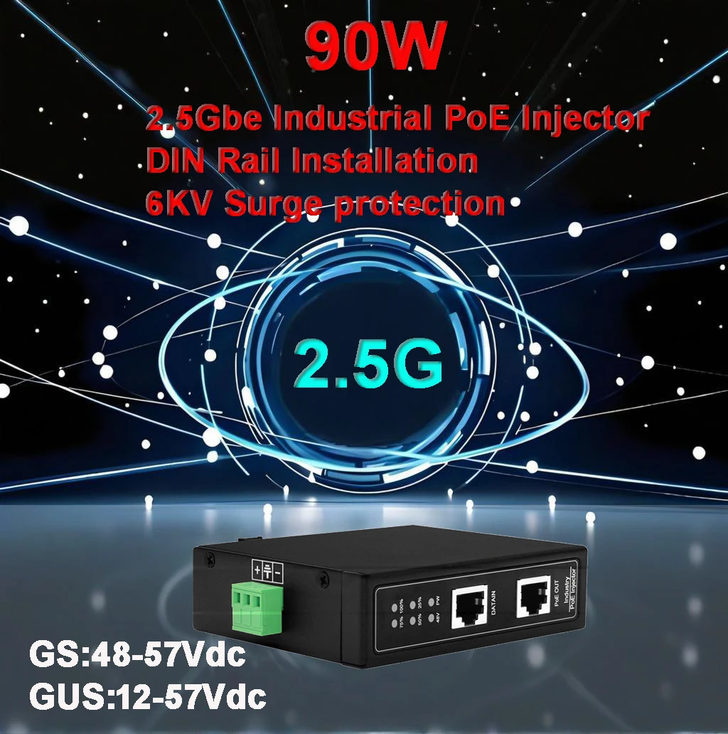 

Industrial 2.5G POE injector 90W,DIN Rail,48-57Vdc or 12-57Vdc in,802.3 at/af/BT,6KV surge protection,alloy case
