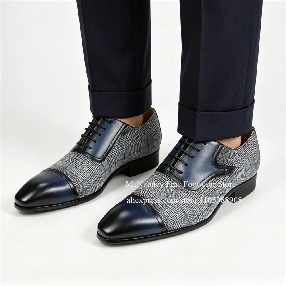

Classic Plaid Fabric Navy Blue Leather Cap Toe Men Oxford Shoes Lace up Formal Business Wedding Dress Shoe Gentleman Style Shoes