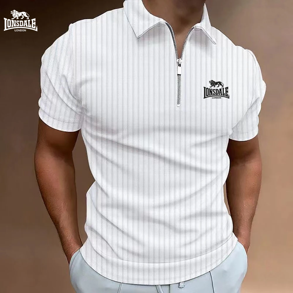 

New LONSDALE printed men's short-sleeved polo shirt, 100% polyester fiber, casual, loose-fitting, multi-functional, with striped