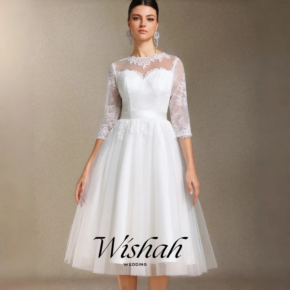 Wishah Customized Weeding Dress Elegant Lace O-neck Long Sleeve Zipper Back Sashes Bow Pleated  A-line Long Vestido De Novia