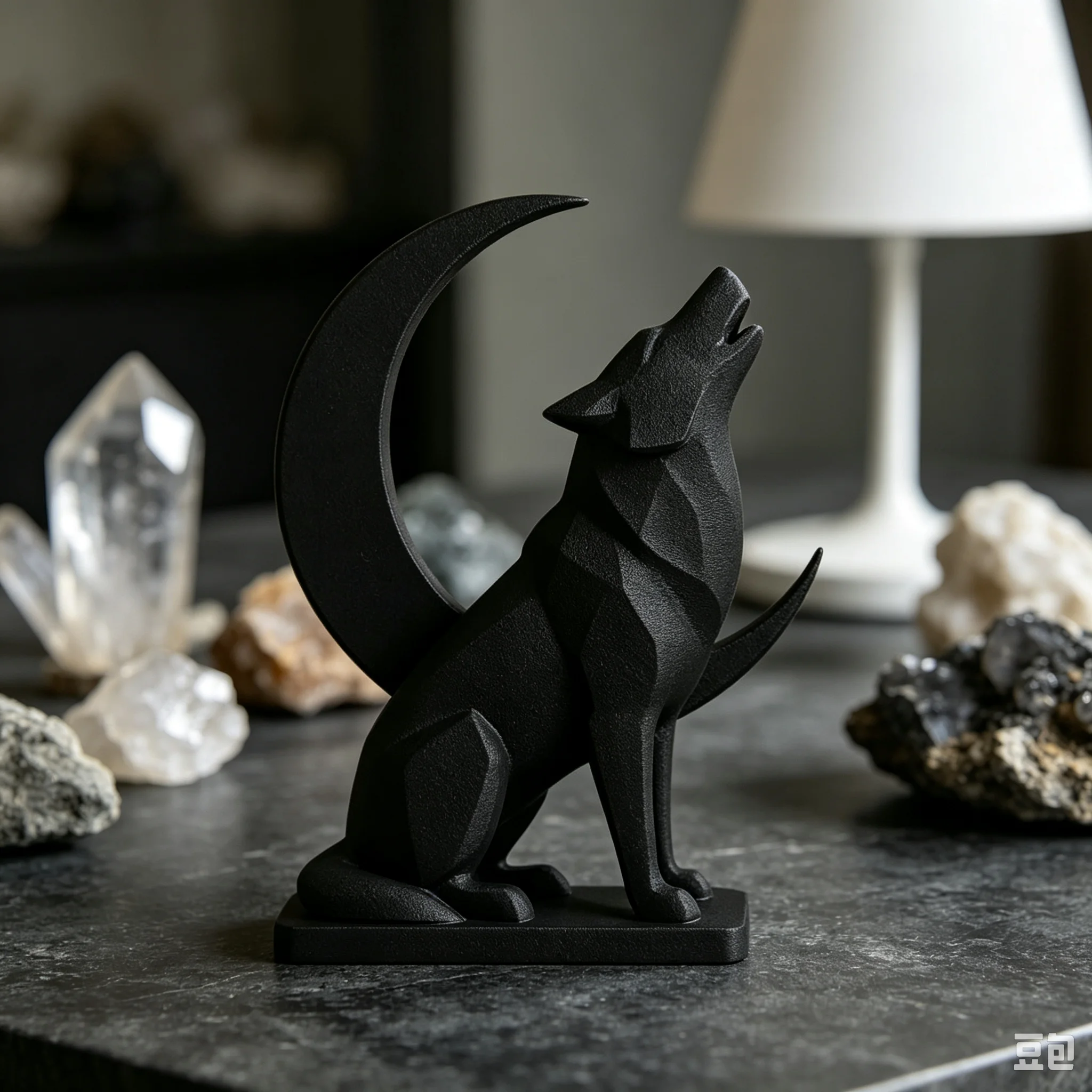3D Printed Howling Wolf & Crescent Moon Statue Plastic Geometric Animal Sculpture Gothic Home Desktop Decor Ornament Gift