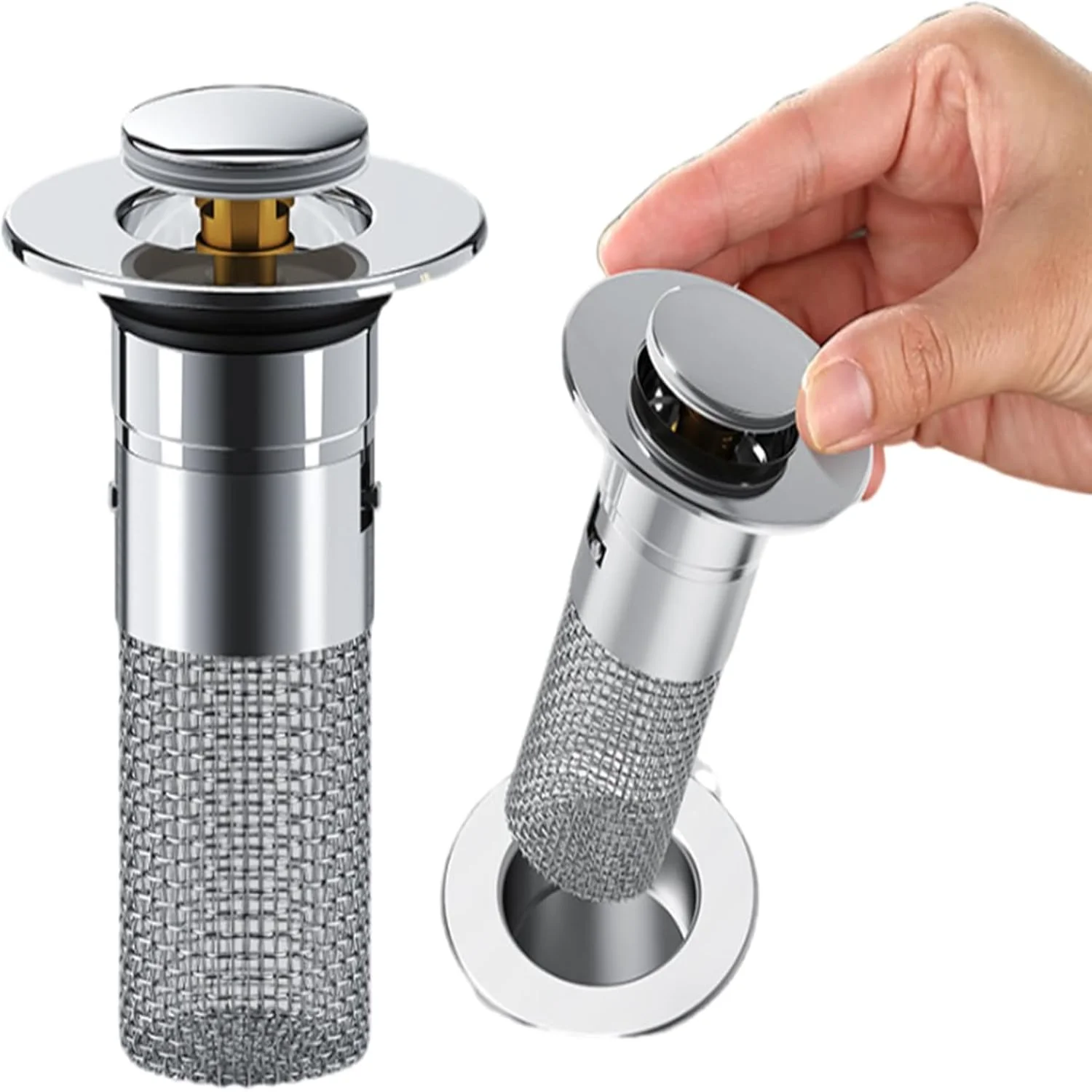 

2 Pcs Bathroom Sink Stopper,Brass Core Bathroom Sink Drain Strainer with Removable Stainless Steel Filter Basket Hair Catcher