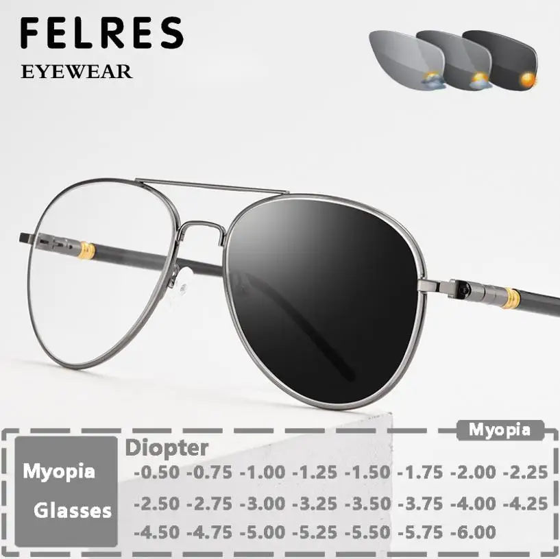 

Pilot Photochromic Myopia Glasses Men Metal Alloy Oval Prescription Nearsighted Glasses Outdoor Discolored Driving Eyewear