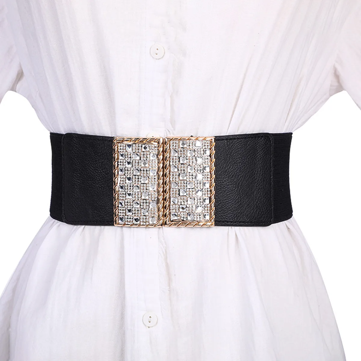 Versatile Elastic Band Belt for Women Gold Color Metal Buckle 6cm/7.5cm Width Beautiful Tight Waist Belt