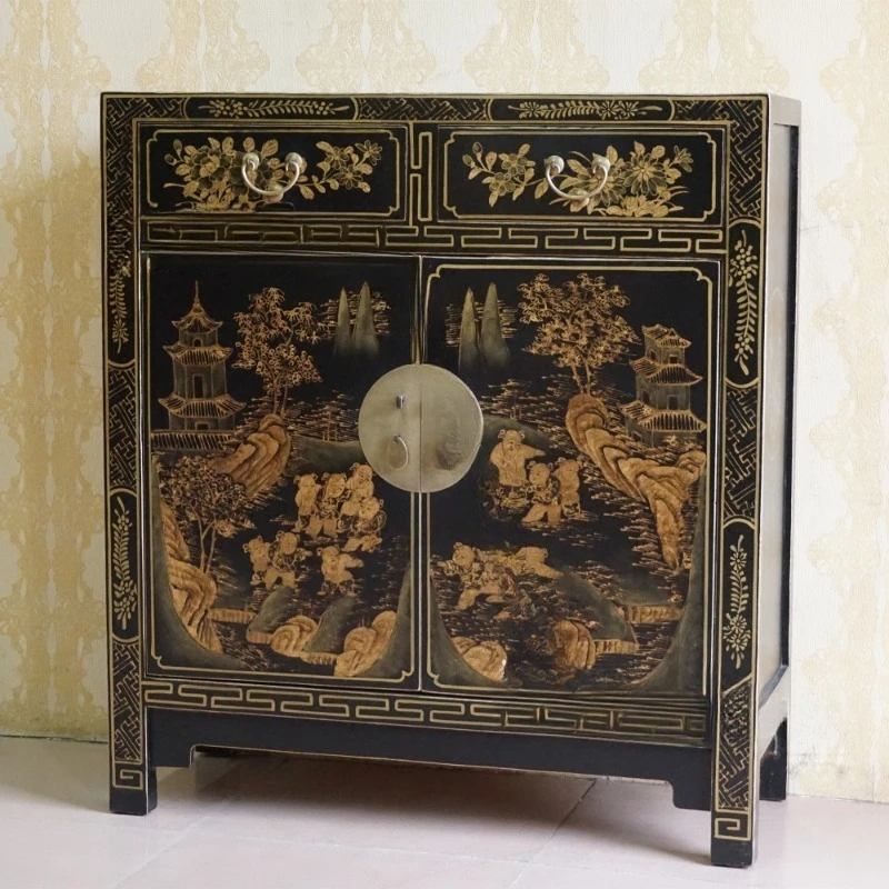 Antique Furniture Solid Wood Dining Side Cabinet Tea Cabinet Hand-painted Gold-painted Decorative Partition Entrance