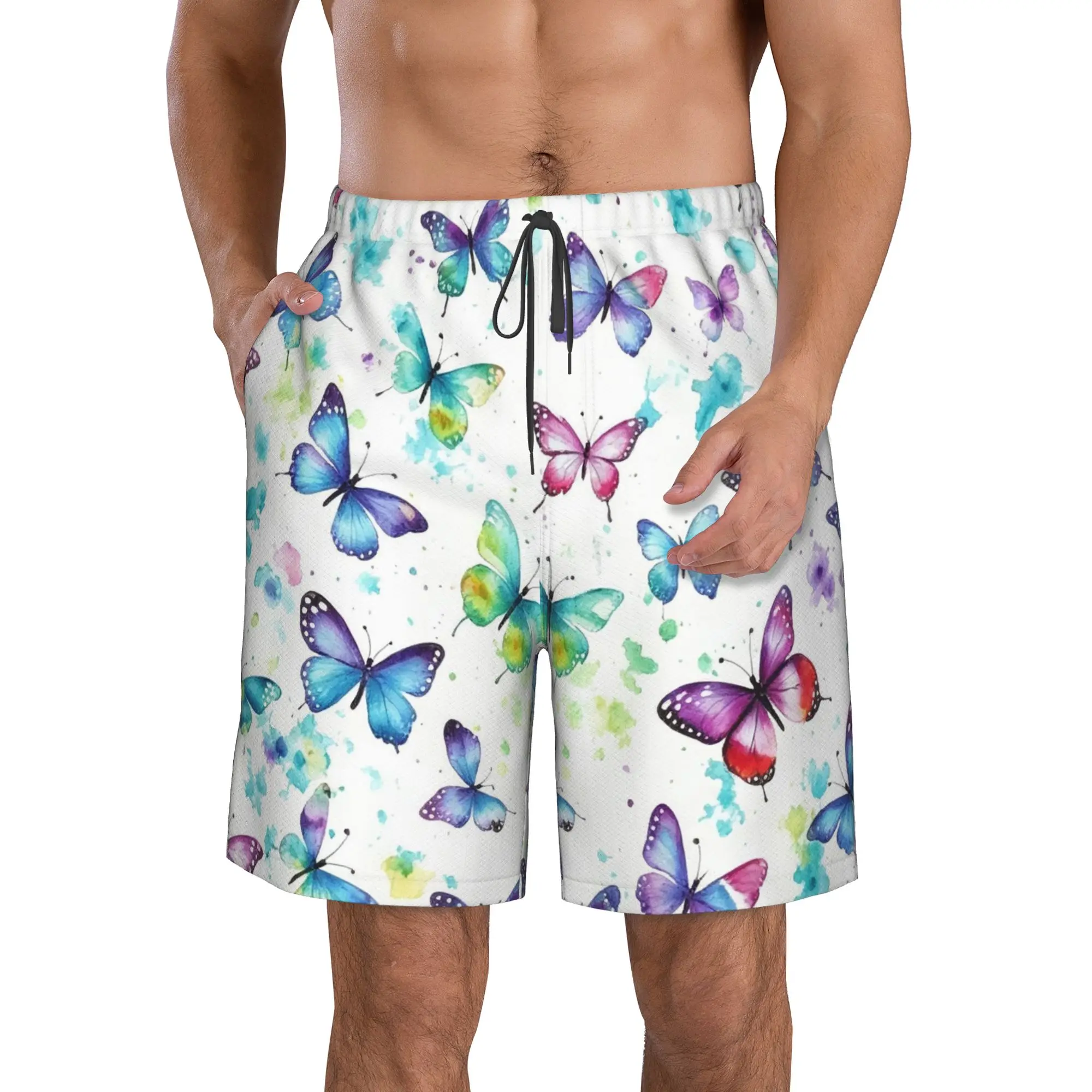 Colorful Butterfly Watercolor Painting Art Trunks Beach Board Shorts Casual Quick Dry Swimming Summer Men Pants