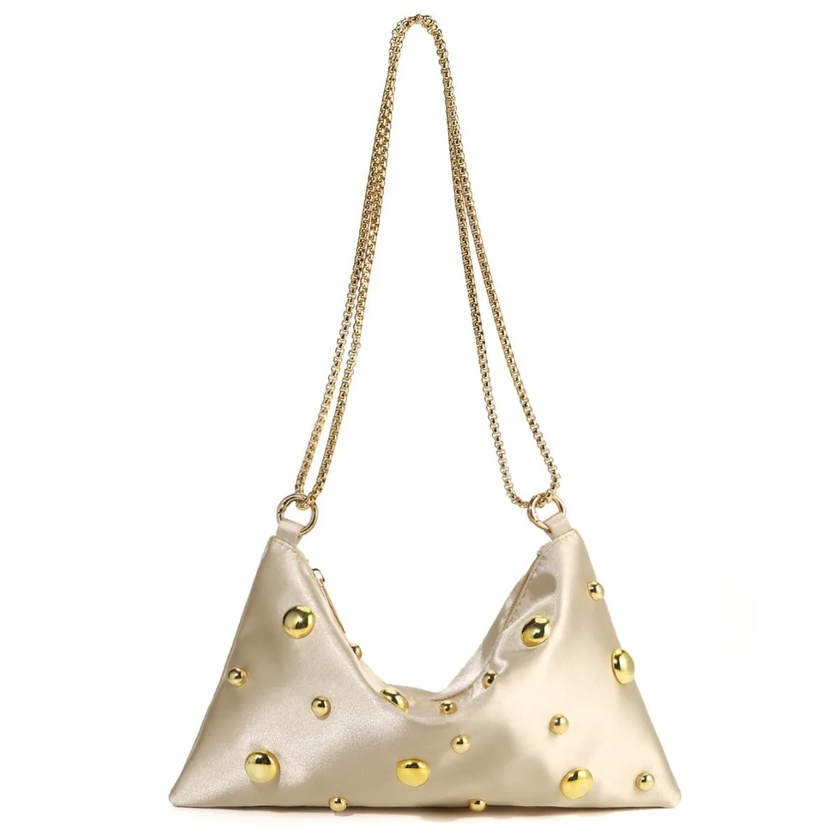 

2025 New Solid Color High-End Beaded Chain Underarm Bag Satin Zipper Single-Shoulder Crescent Evening Bag