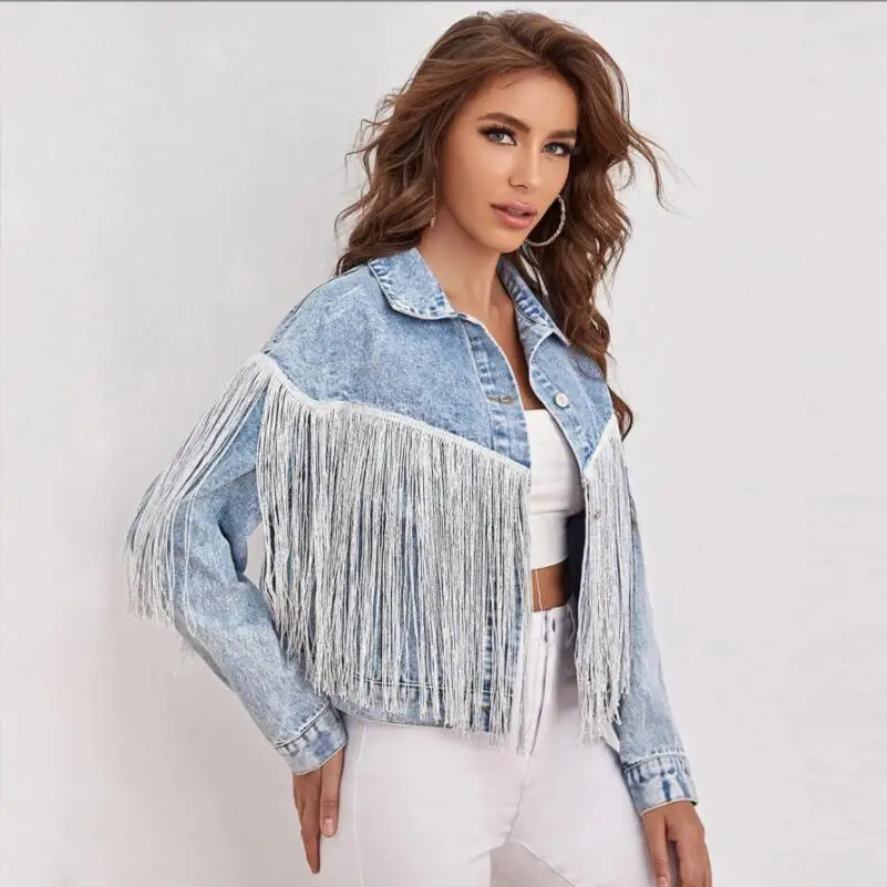 Chaqueta vaquera holgada para mujer, Chaqueta vaquera azul lavada con borlas, ropa de calle Retro, abrigo corto, prendas de vestir, p593, para las cuatro estaciones