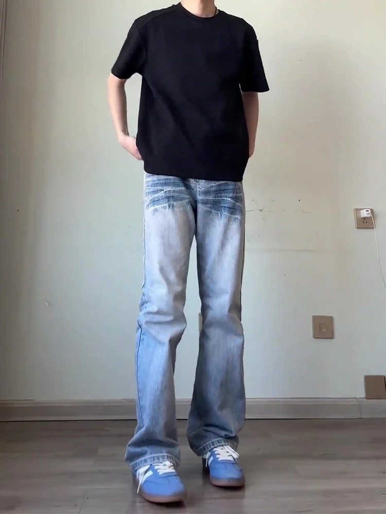 

Light Blue Lightning Pattern Straight Leg Jeans High Waist Drapey Casual Pants Men's American High Street Vibe Flared Trousers