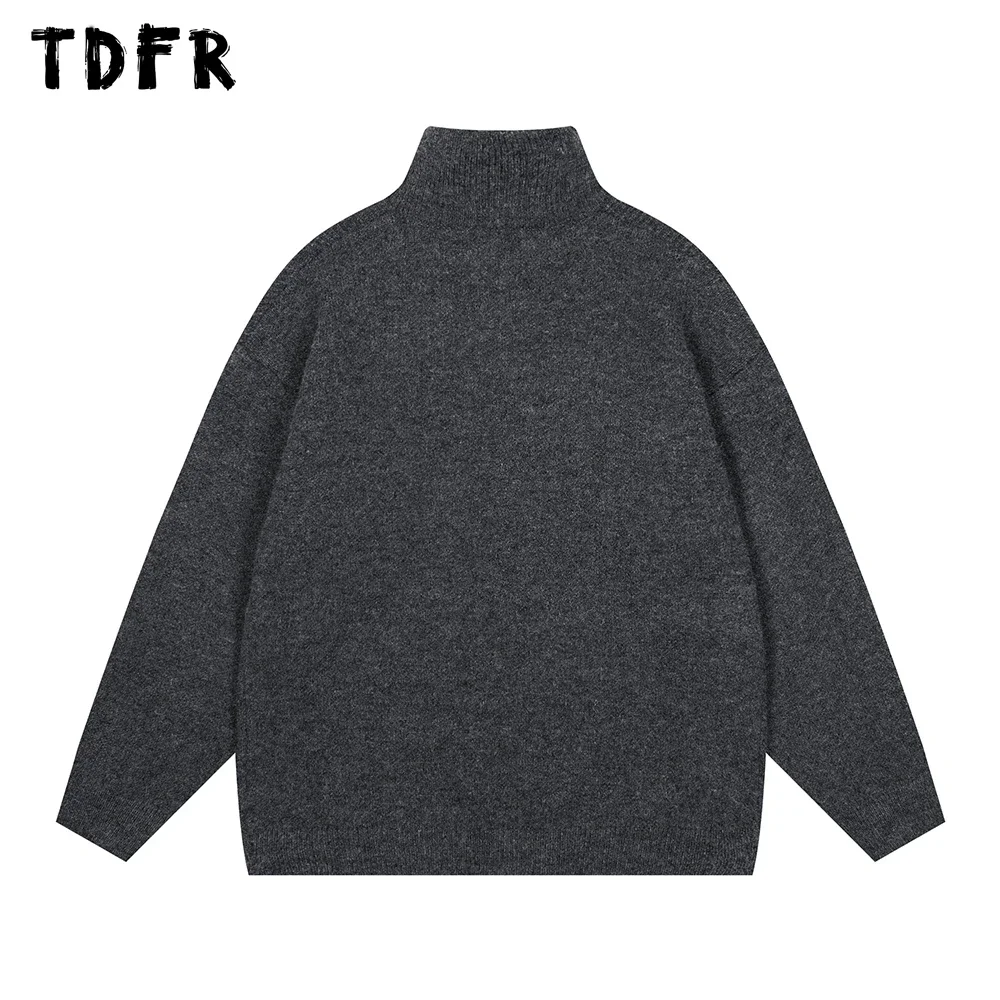 Half Zipper Knitted Sweater Mens Autumn Winter Streetwear Loose Mock Neck Long Sleeve Pullover Men