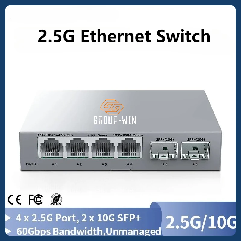 GW 2.5GbE Switch 2.5GBASE-T 4 Port 2.5G RJ45 with 2 Port 10G SFP+ Fanless Plug and Play Network Switch Desktop Wall Mounted