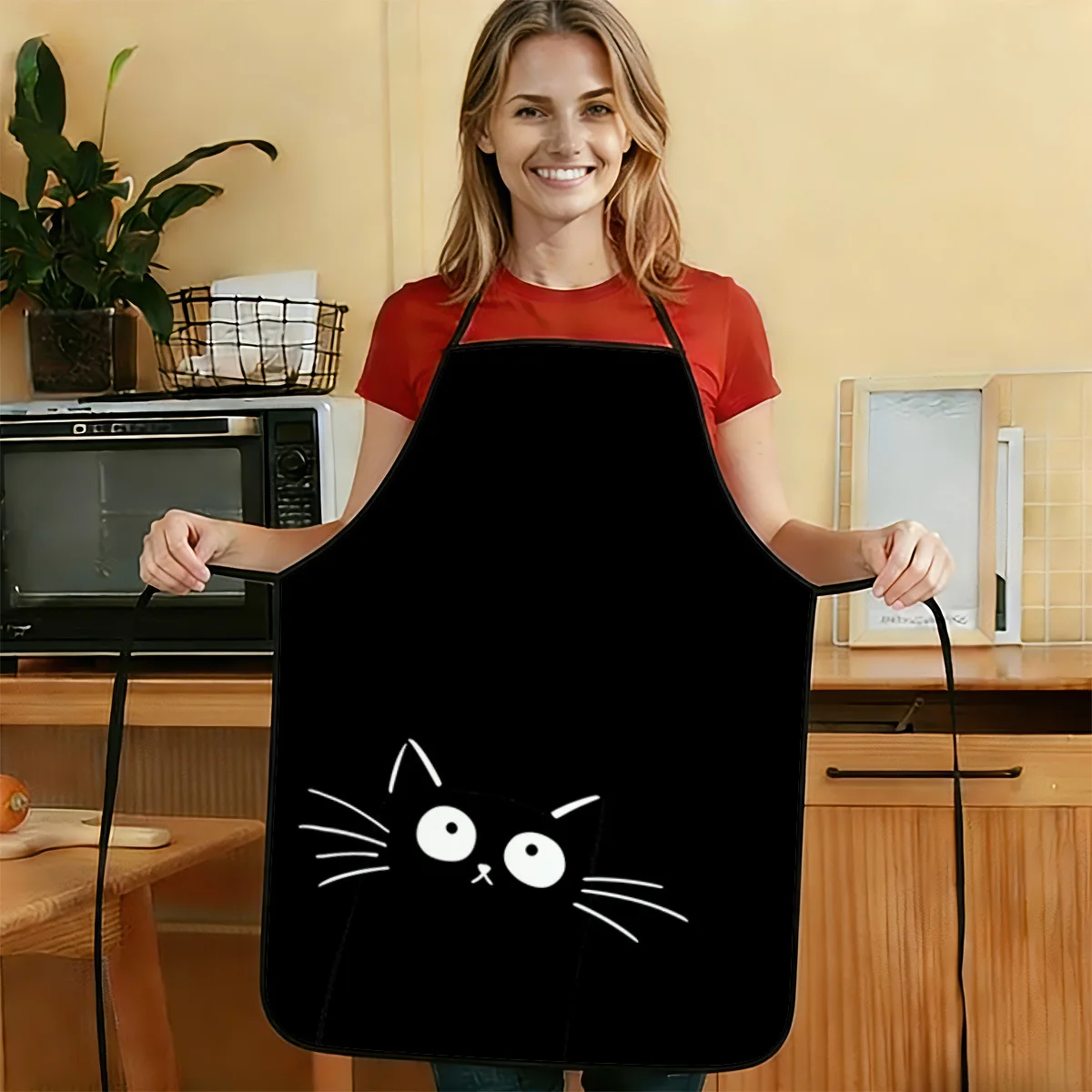 1pc 2D Flat 1805WQ Playful and Cute Black Cat Peeking Printed Pattern Apron, Durable and Easy to Clean, Adjustable Waistband, Av