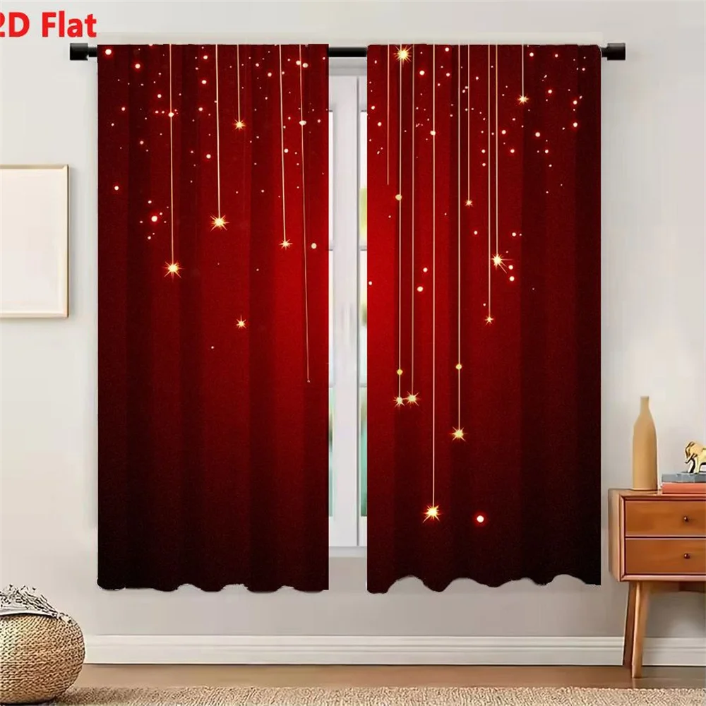 2Pcs Curtains Festive Red Gradient Background With Falling Golden Sparkles And Twinkling Stars For Celebrations Window Drapes fo