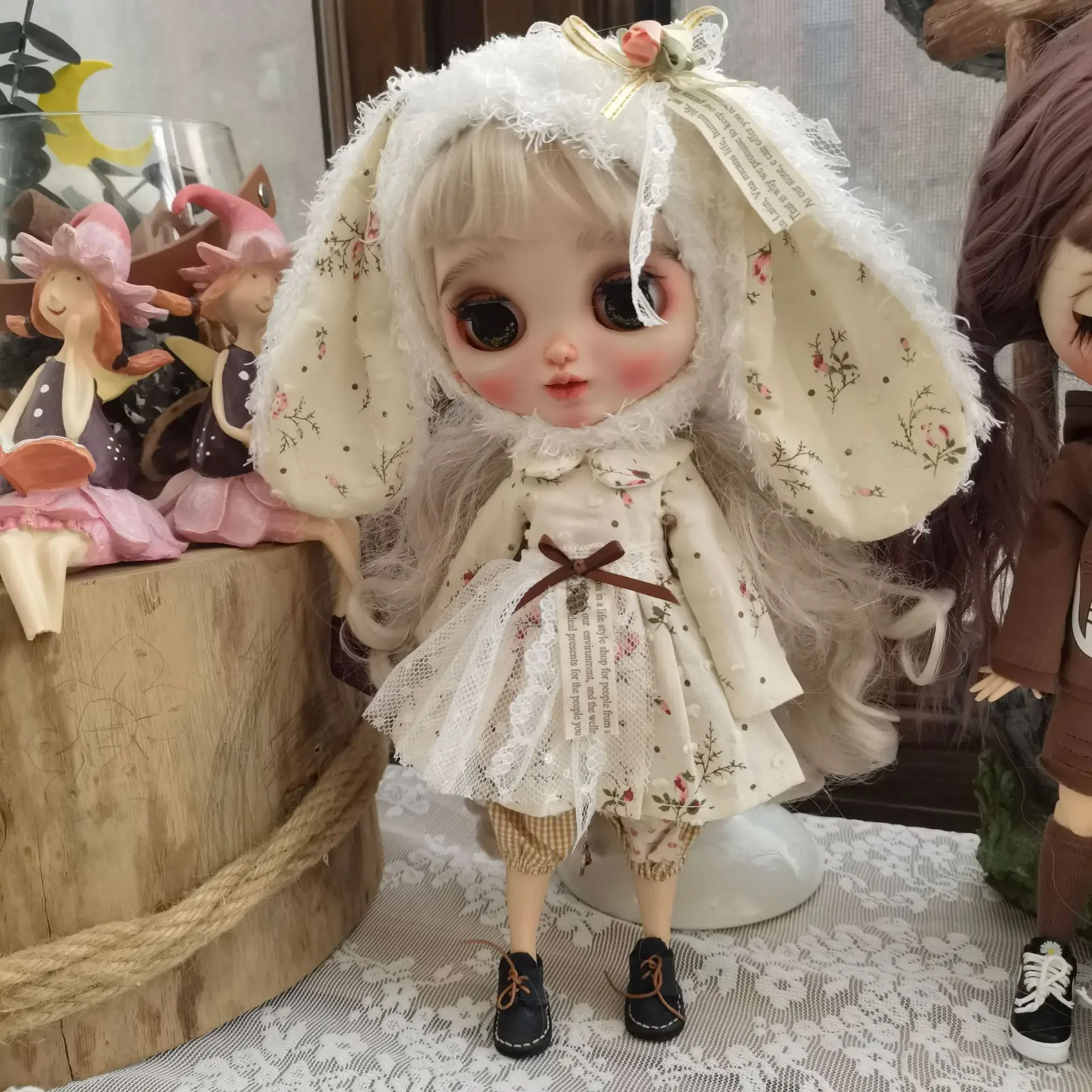 Handmade Doll Skirt Dress With Big Ear Rabbit Hat Doll Floral Patterned Dress For Blythes Ymy Licca Azones Ob24 Ob27 Fr Doll