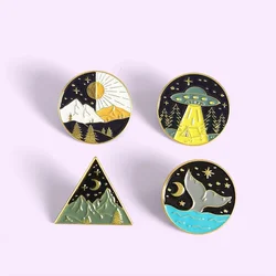 Outdoors Travel Mountain Enamel Pins Custom Ufo Ocean Shark Metal Alloy Brooches Lapel Badges Jewelry Gift for Friends Wholesale