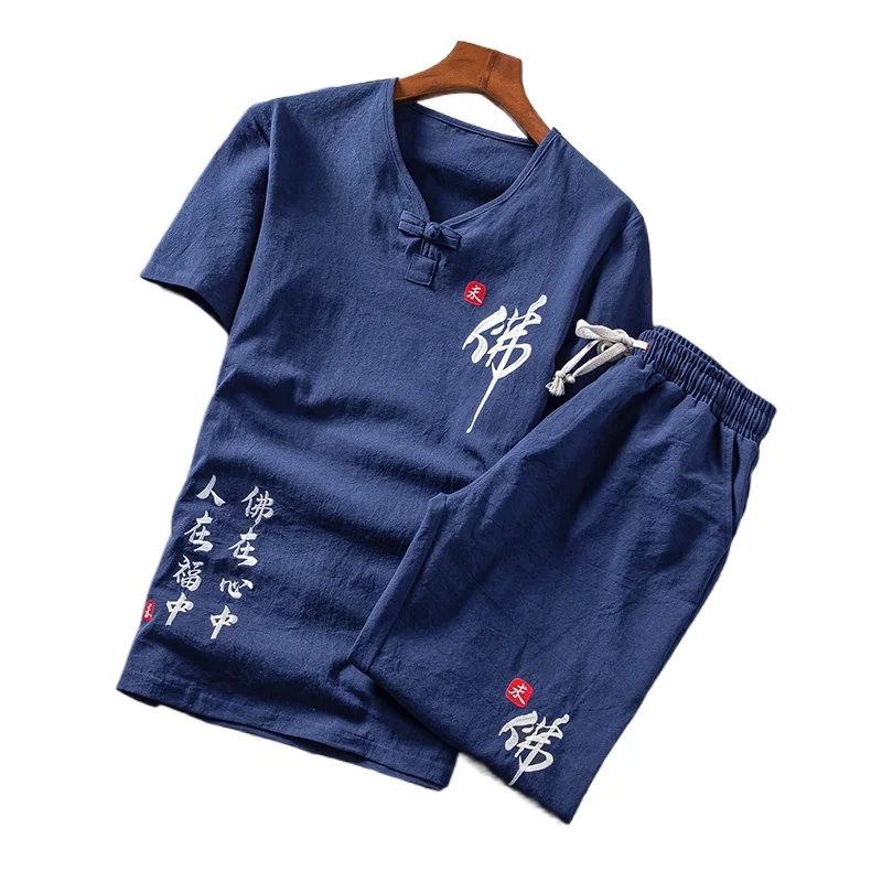

Classic Men's Summer Cotton Linen Shorts Set T-shirt+shorts Two-piece Set Korean Style Ethnic Clothing New Men's Clothing