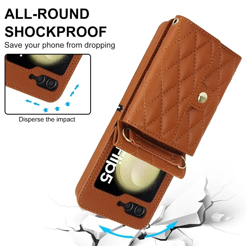 Wallet Strap Leather Case For Samsung Galaxy Z Flip5 4 3 Huawei P50 Pocket OPPO Find N2 N3Flip Moto Razr 40 40 Ultra Vivo X Flip