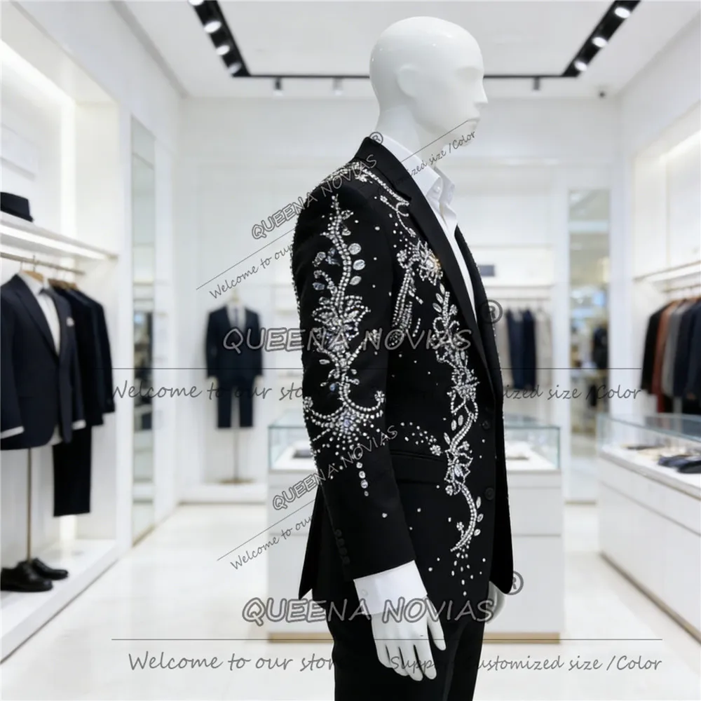 بدلة رجالية فاخرة مزينة بالكريستال، سترة وبنطلون بقصة ضيقة، طقم من قطعتين للعريس، بليزر للحفلات الرسمية، ملابس رجالية