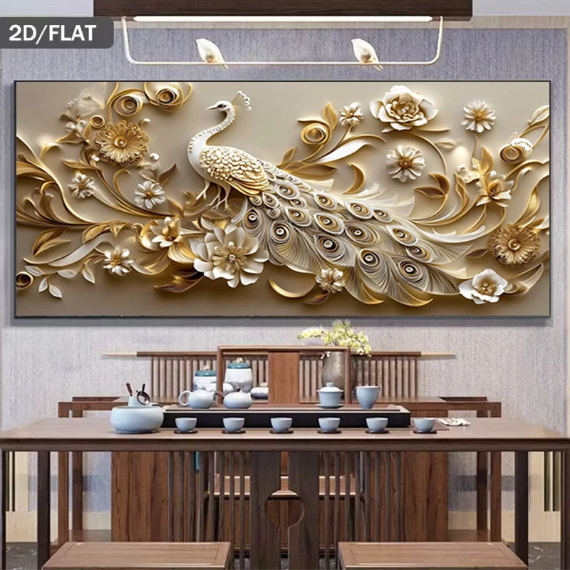 

2D/Flat Frameless Elegant Golden Peacock Canvas Wall Art, Modern Abstract Canvas Prints for Living Room and Bedroom Decortions
