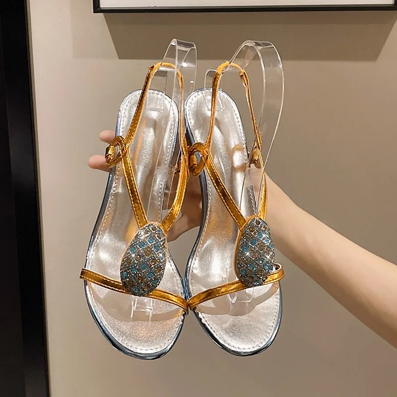 Temperament Stiletto Sandals Summer New Round Toe Diamond Strap Non-slip High Heels