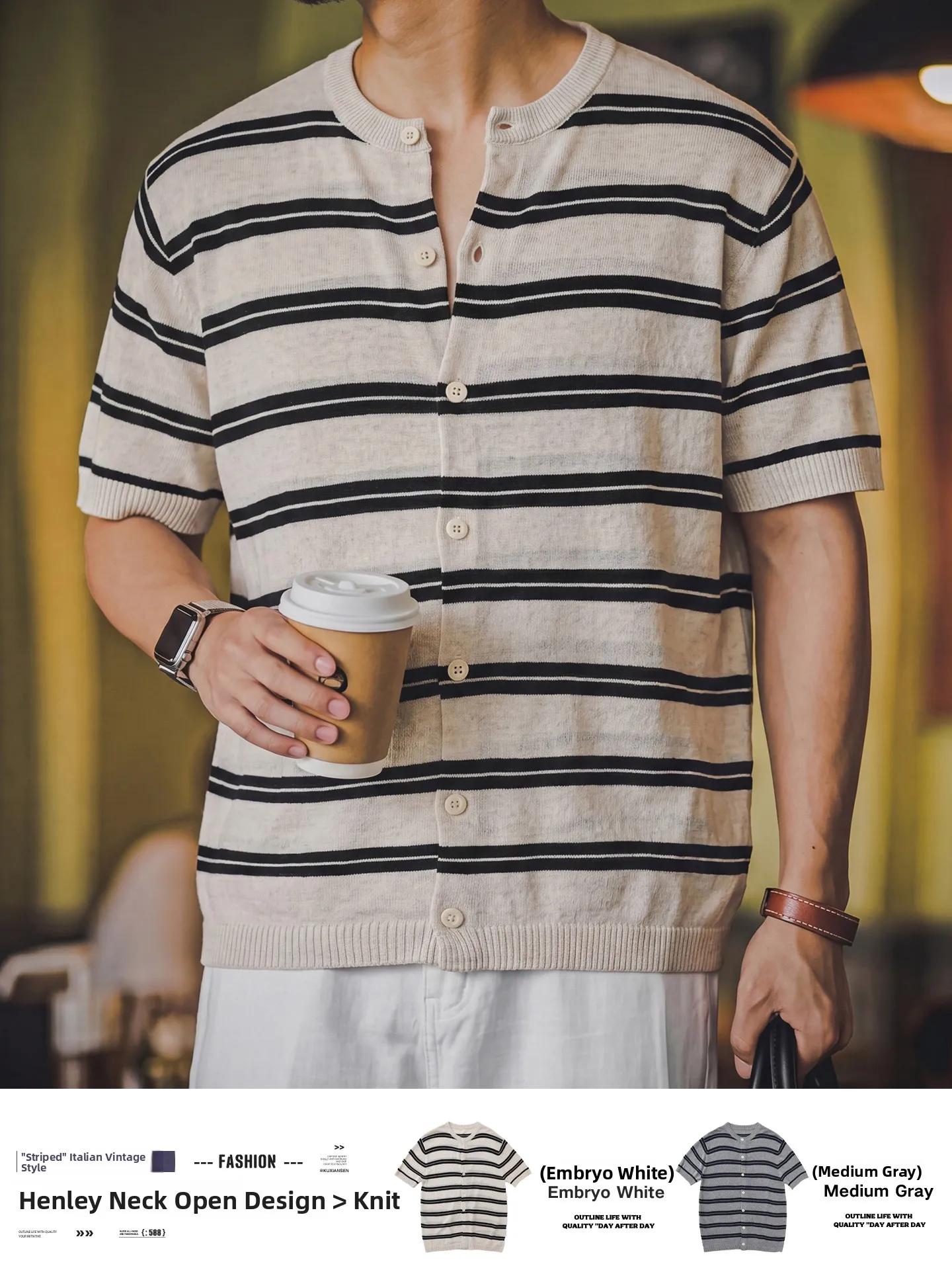 Summer Casual Striped Henry Collar Knitted Short Sleeve Men's T-Shirt Breathable Blend Lenzing Fiber Polyester Linen Blend