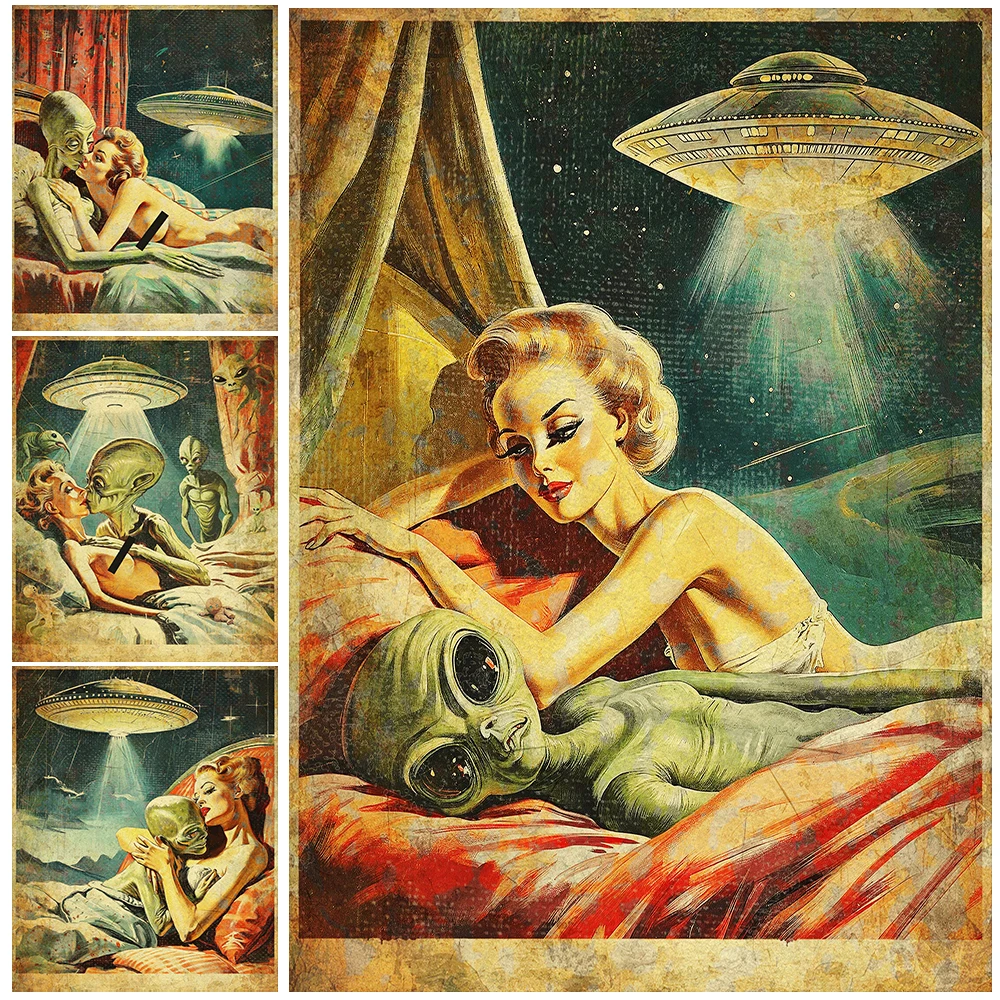 Alien Lovers Art Retro Girl Poster Print, Flying Saucer Ufo Lovers, Scifi Alien, Wall Art Canvas Painting, Cryptid Bedroom Decor