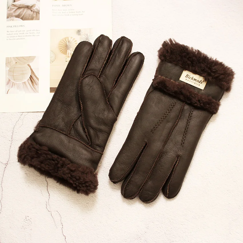 Winter Thick Warm Sheepskin Fur Gloves Men\'s Fashion Leather Windproof and Cold-Proof Wool Outdoor Driving Dloves Points