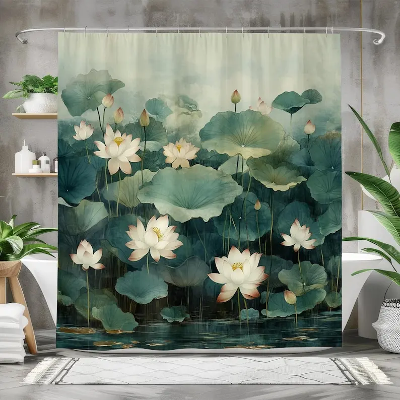 Lotus Flower Shower Curtain, Waterproof Fabric Bath Curtain Tranquil Nature Design Bathroom Decor Water Floral Shower Curtain