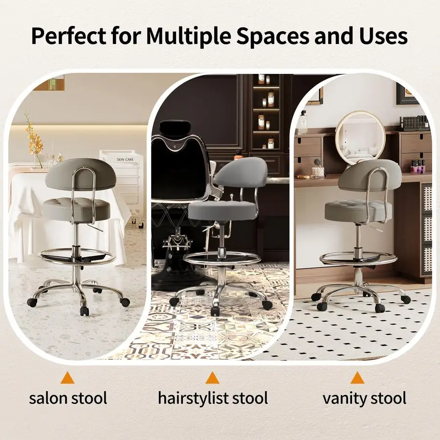 เก้าอี้สำหรับศิลปิน พนักพิงและที่วางเท้าตามหลักสรีรศาสตร์ ล้อเงียบและฐานอะลูมิเนียม เก้าอี้หมุนสำหรับร้านค้า สีเทา