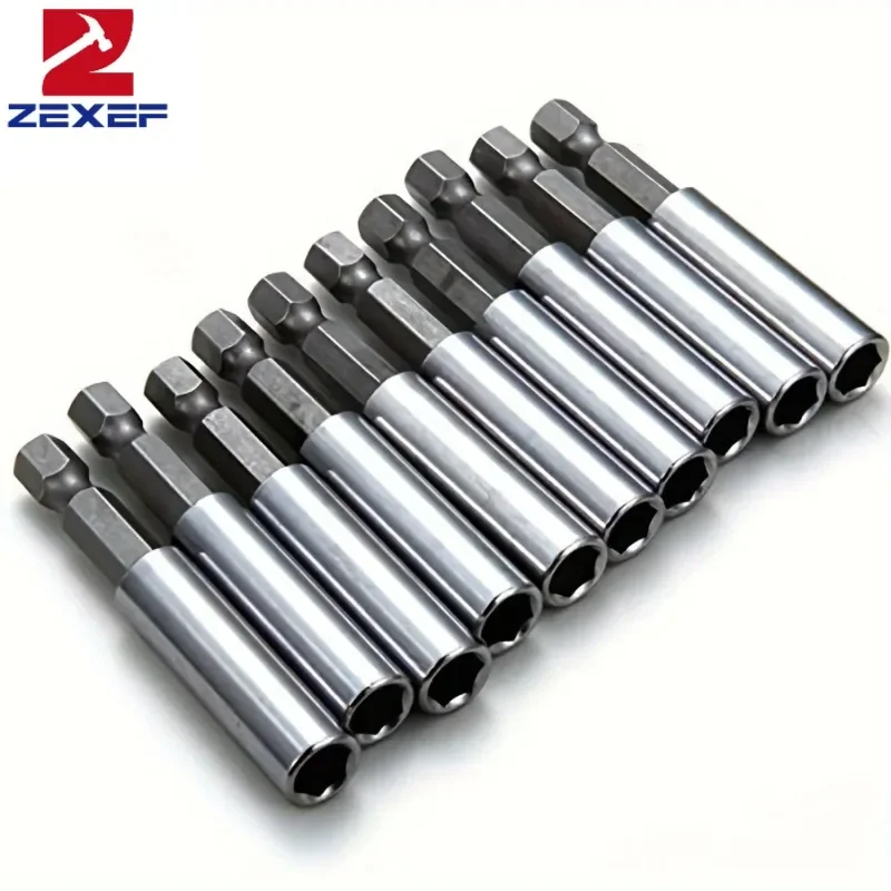 ZEXEF 10pcs 60mm Magnetic Screwdriver Extension Bit Tips Holder 1/4in Hexagon Shank Set Drill Bit Adapter Silver Color