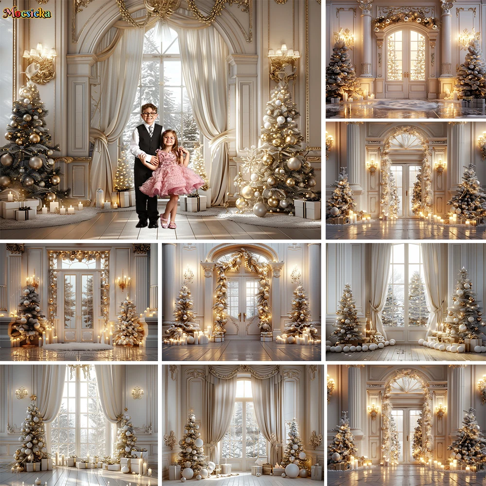 White Christmas Window Background for Wedding Birthday Photography Xmas Room Gold Xmas Tree Palace Backdrop Winter Studio Props