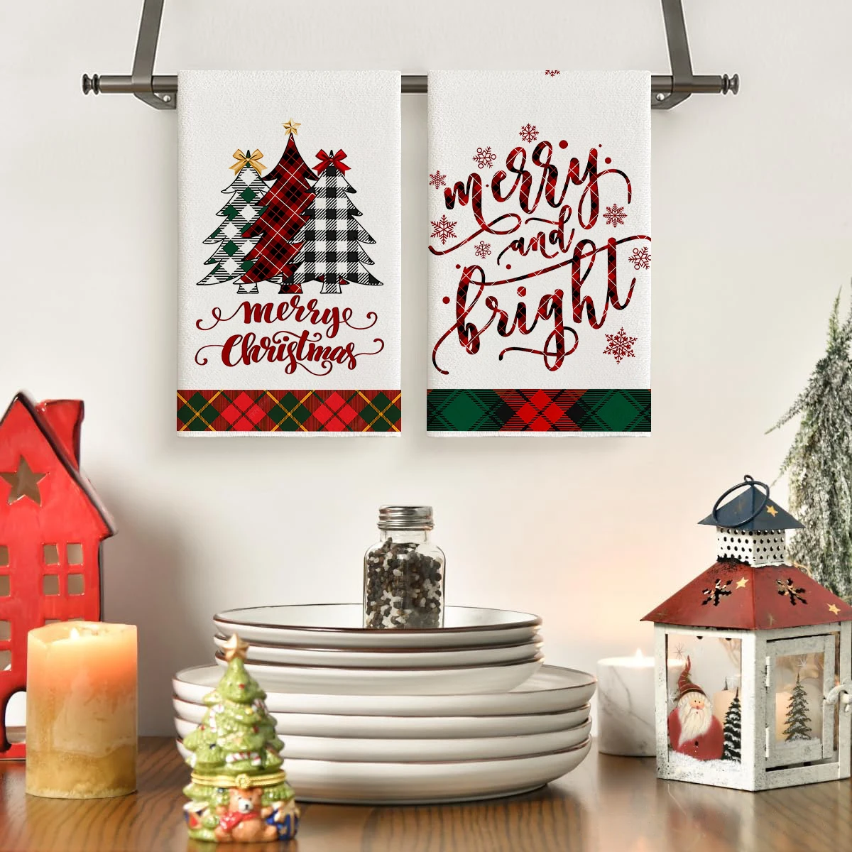 

2/4pcs Merry Christmas towels, checkered Christmas tree snowman design, kitchen cleaning towels, dishwashing towels, hand towels