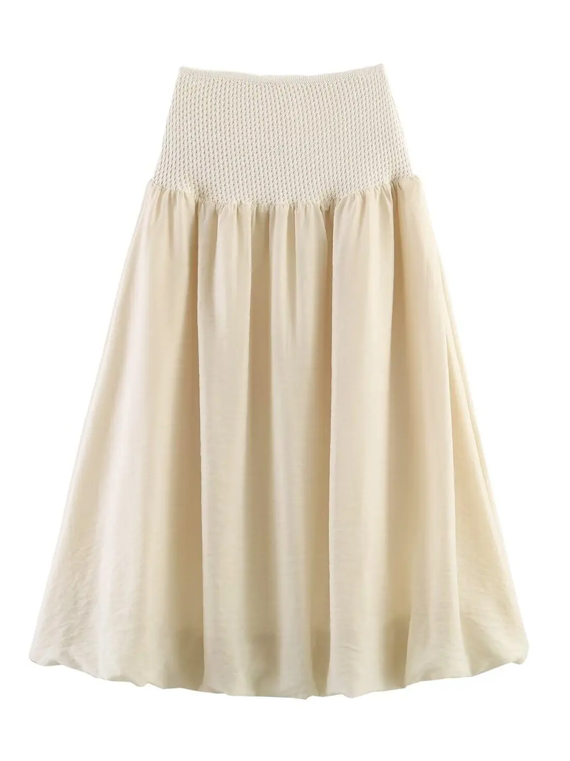 High Waist Knitted Midi Skirt Women's Gentle Series Waist Splicing Half-length A-line Skirt in Beige for Summer Season