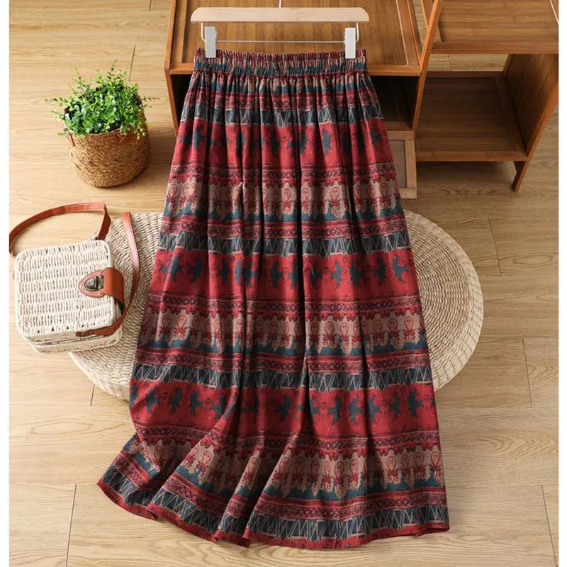 Ethnic Retro Printed Cotton Linen A-word Skirt Women's Summer Long Temperament Age-reducing Linen Big Umbrella Skirt