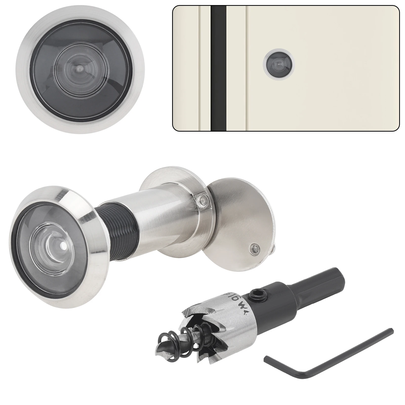 Set di punte da trapano per spioncino con visore per porta da 200 gradi in ottone massiccio per spessore porta di 40-65 mm con copertura privacy rotante, punta da trapano da 16 mm