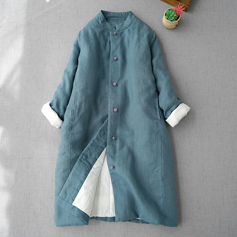 

Autumn Winter Coat Warm Cotton Outerwear Women's Retro Chinese Sle Stand Collar Button up Cotton Jacket Mid-Length