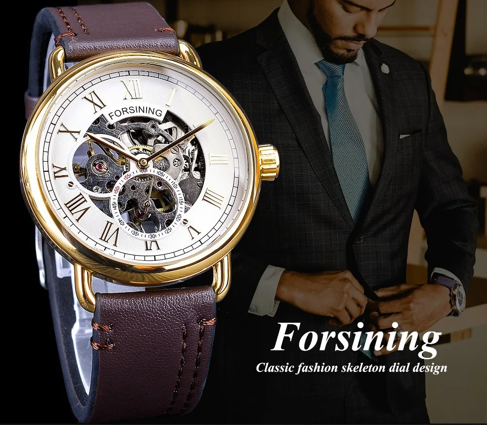 Fashion Forsining Top Brand Men\'s Casual Classic Popular Hollow Waterproof Handwinder Automatic Mechanical Leather Wrist Watches