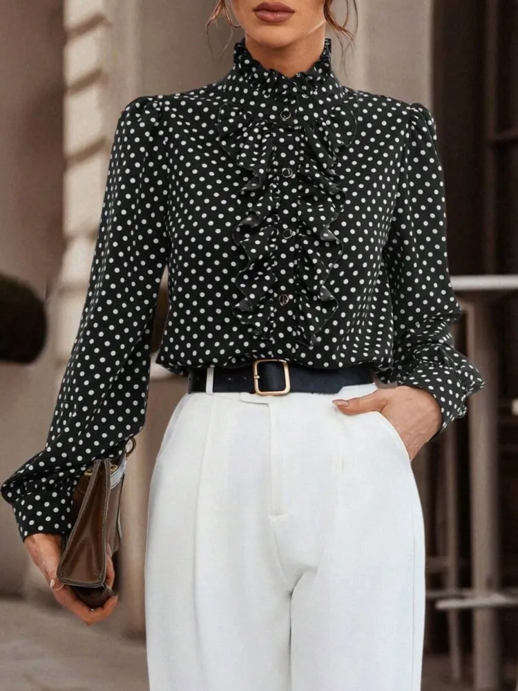 Elegant Office Lady ลําลองคอยาวแขนยาวเสื้อฤดูใบไม้ผลิฤดูใบไม้ร่วงแฟชั่น Polka Dot พิมพ์ Ruffle ปุ่มเสื้อด้านบน