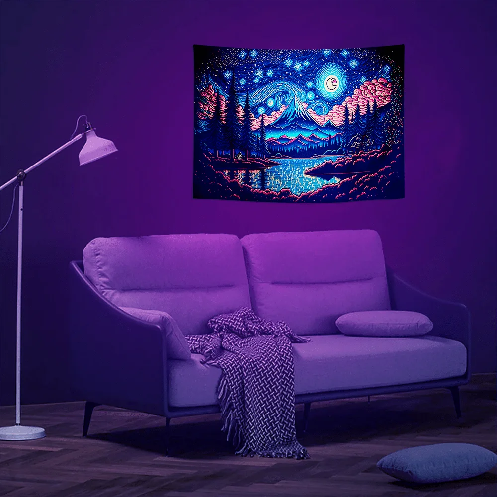1pc  Neon Starry Night Mountain Lake Tapestry, Blacklight Reactive UV Glow Wall Hanging for Bedroom Living Room Decor