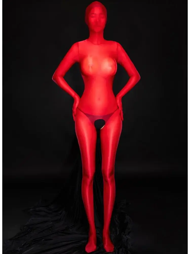 M XL Hooded Catsuit Shiny Nylon Full Coat Zentai Bodystocking Open Crotch Bodysuit Tight Sexy Leotard Conjoined Jumpsuit Unitard