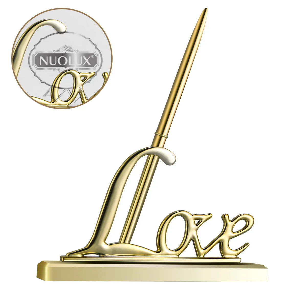 Luxury Gold Tone Wedding Pen Set with Love Engraved Holder Crystal Look Accents for Guest Book Signing Ceremony Bridal Party