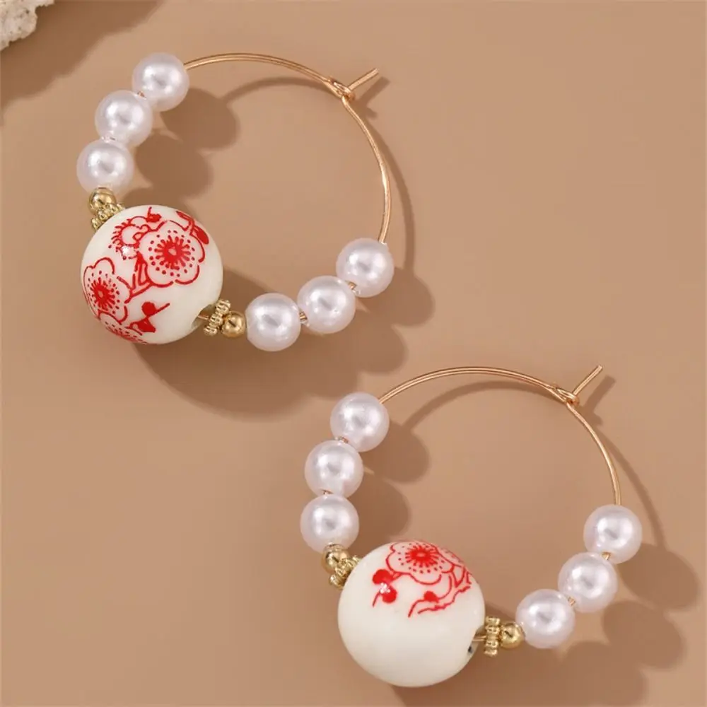 Ceramics Pearl Dangle Earring Handmade Rice Bead Blue and White Porcelain Earrings Alloy Bohemia Earrings Flower Beaded Earring