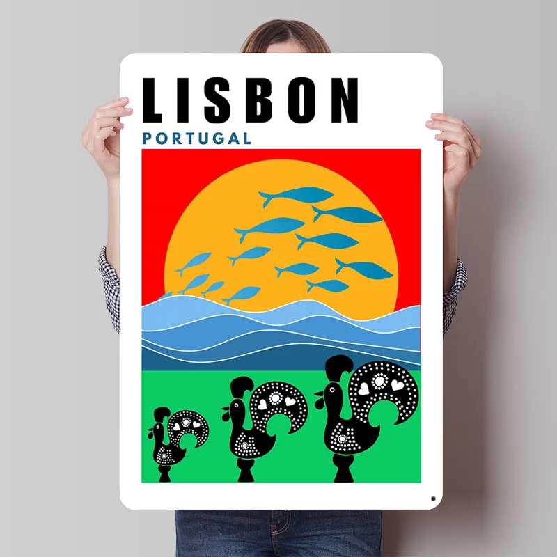 Лиссабон Португалия, металлический плакат середины века, эстетическое украшение для гостиной, металлические жестяные вывески на заказ для настенного художественного украшения в стиле ретро