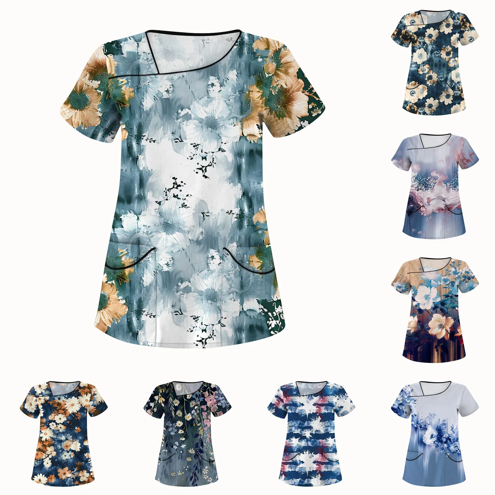 Painted Pattern Nurse Uniform Tops Working with Pockets Hospital Workwear Fashion Slim Clothes for Women Ropa Mujer Juvenil