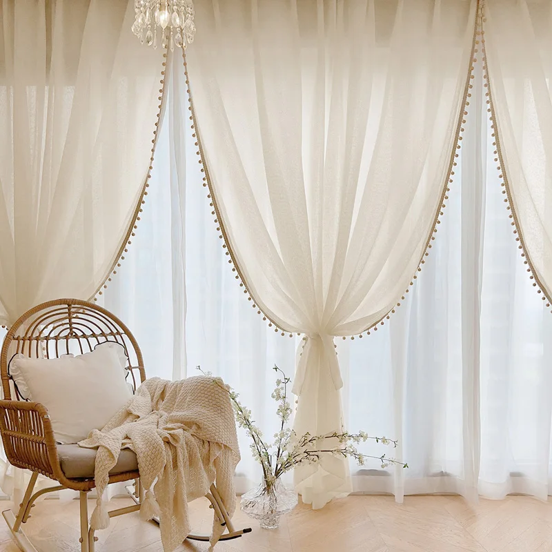 Retro Light Luxury Balcony Curtain  Plaid Cream Color Thickened Gauze Curtain for Living Room Bedroom Wooden Bead Lace Romantic